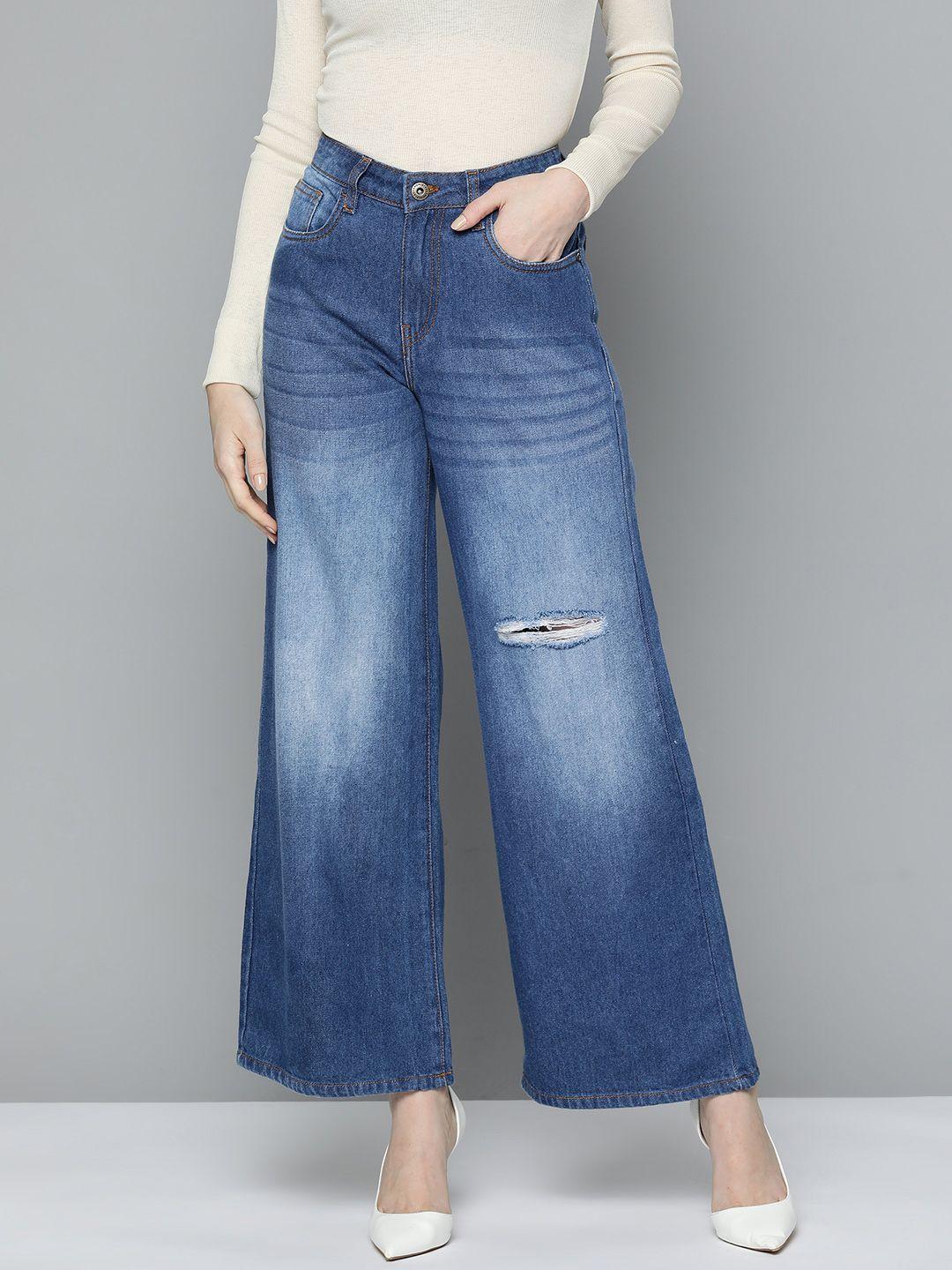 chemistry wide leg mildly distressed light fade pure cotton jeans