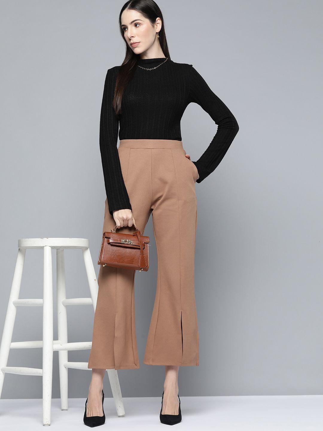 chemistry women brown solid cropped bootcut trousers