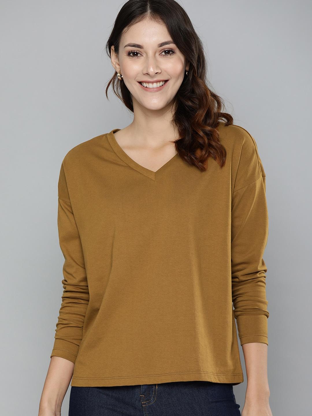 chemistry women brown v-neck cotton pure cotton t-shirt
