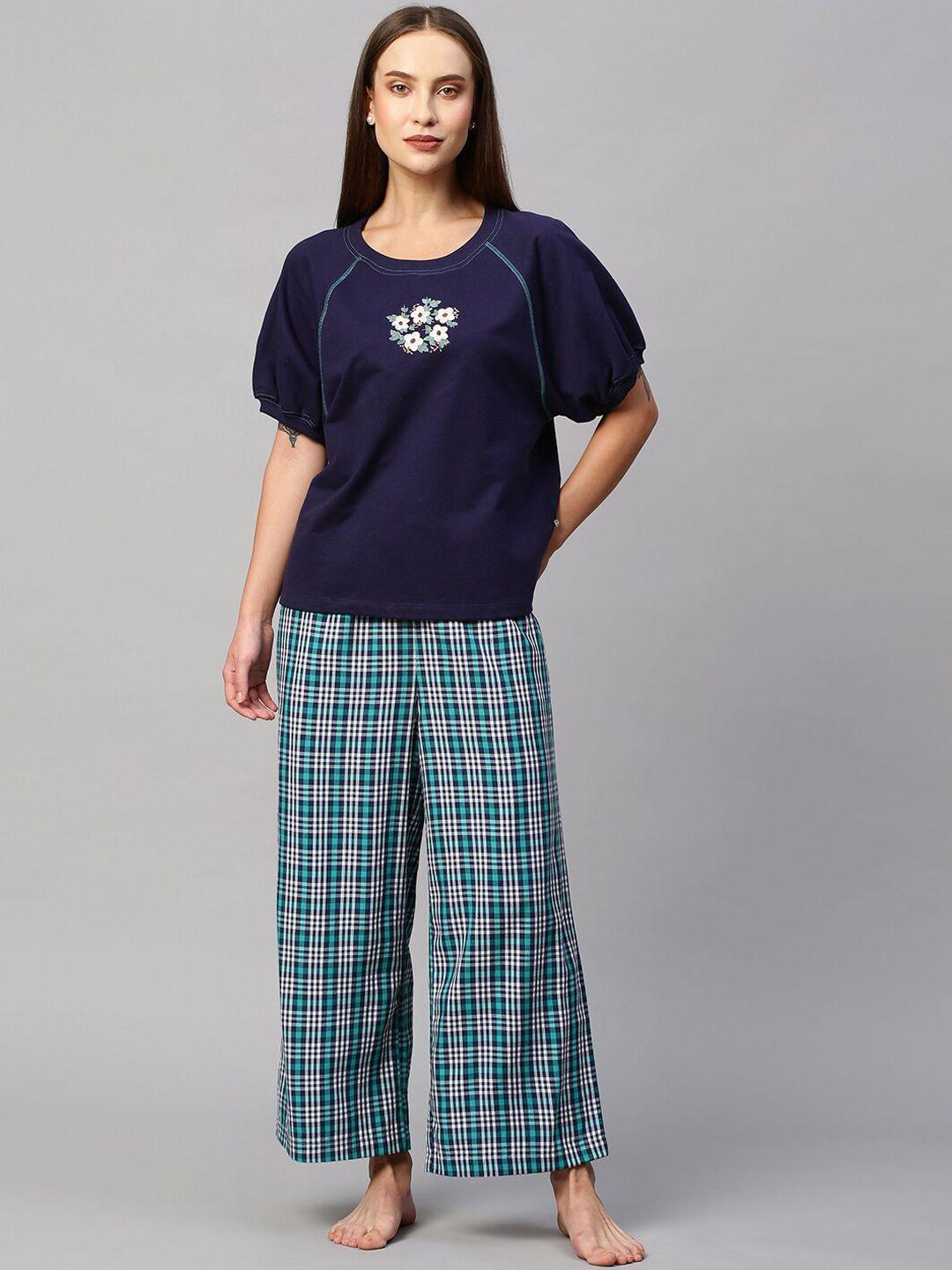 chemistry women embroidered t-shirt with checked pyjama