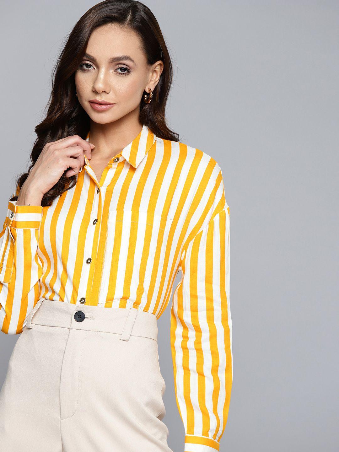 chemistry women mustard & white striped casual shirt