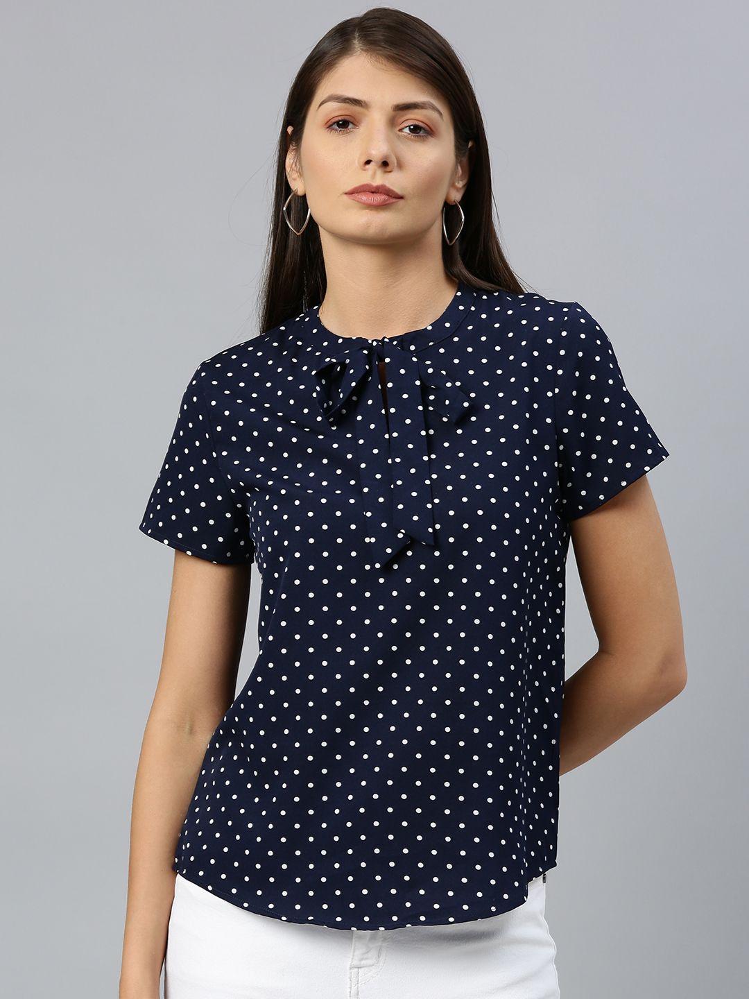 chemistry women navy blue & white printed regular top with tie-up neck