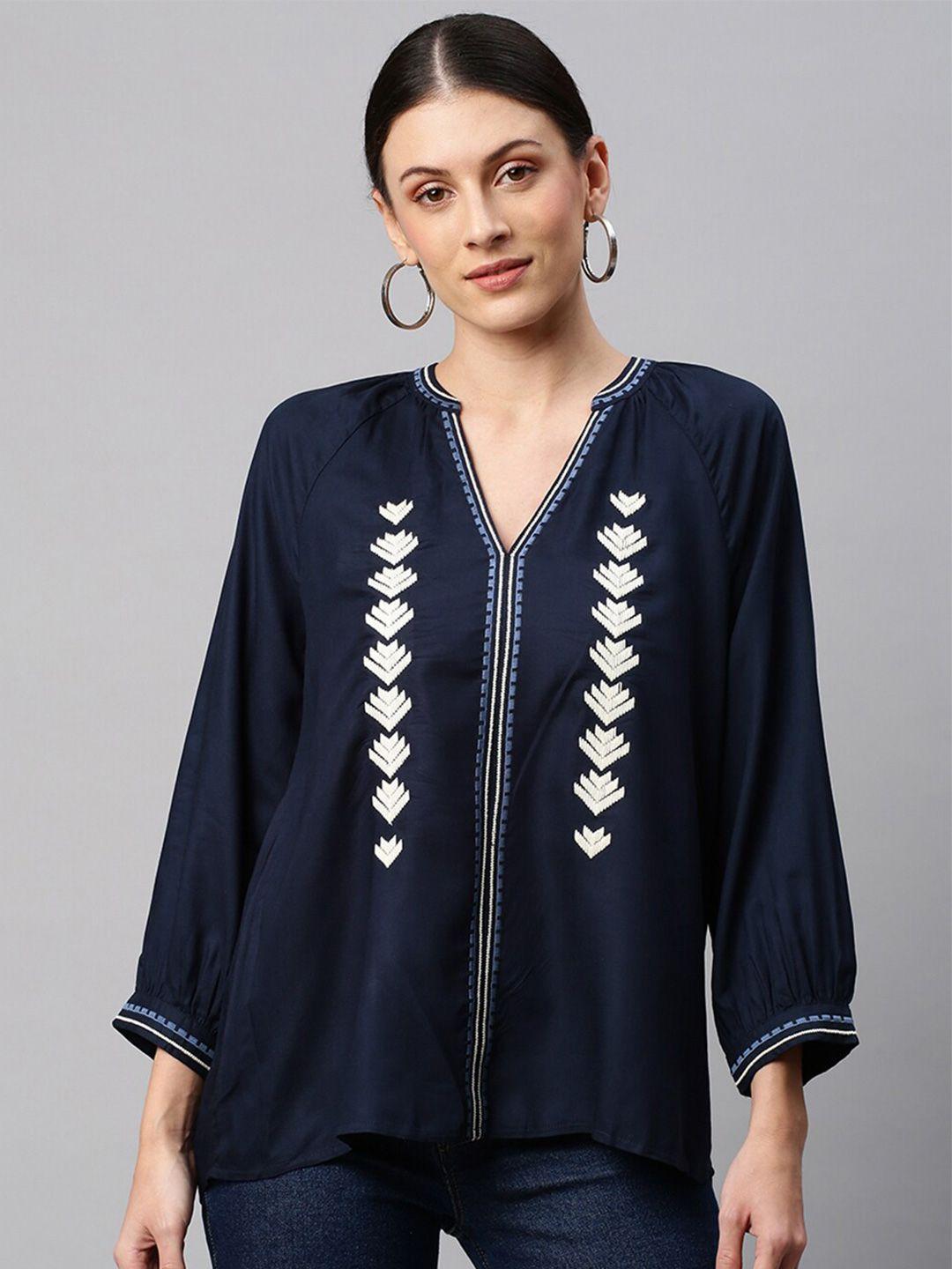 chemistry women navy blue geometric embroidered v neck full sleeves rayon tunic top