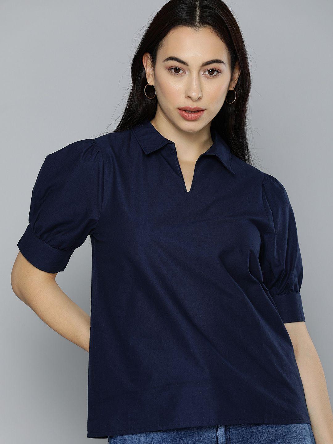 chemistry women navy blue puff sleeves pure cotton regular top
