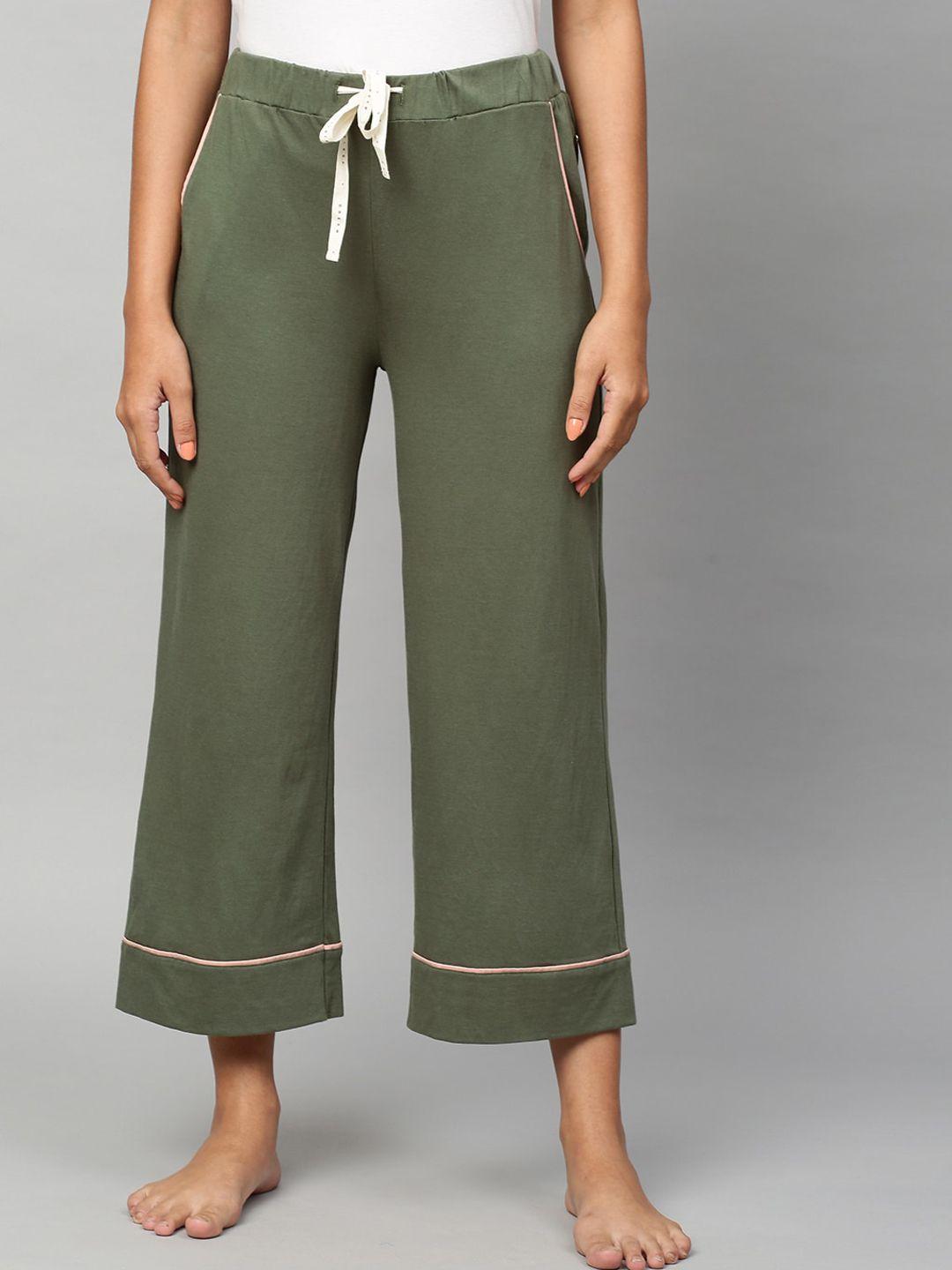 chemistry women olive green solid cotton lounge pants