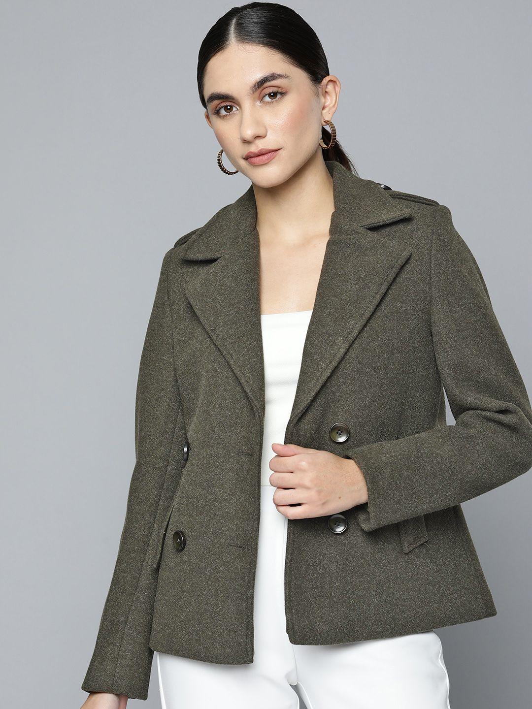 chemistry women olive green solid single-breasted blazer