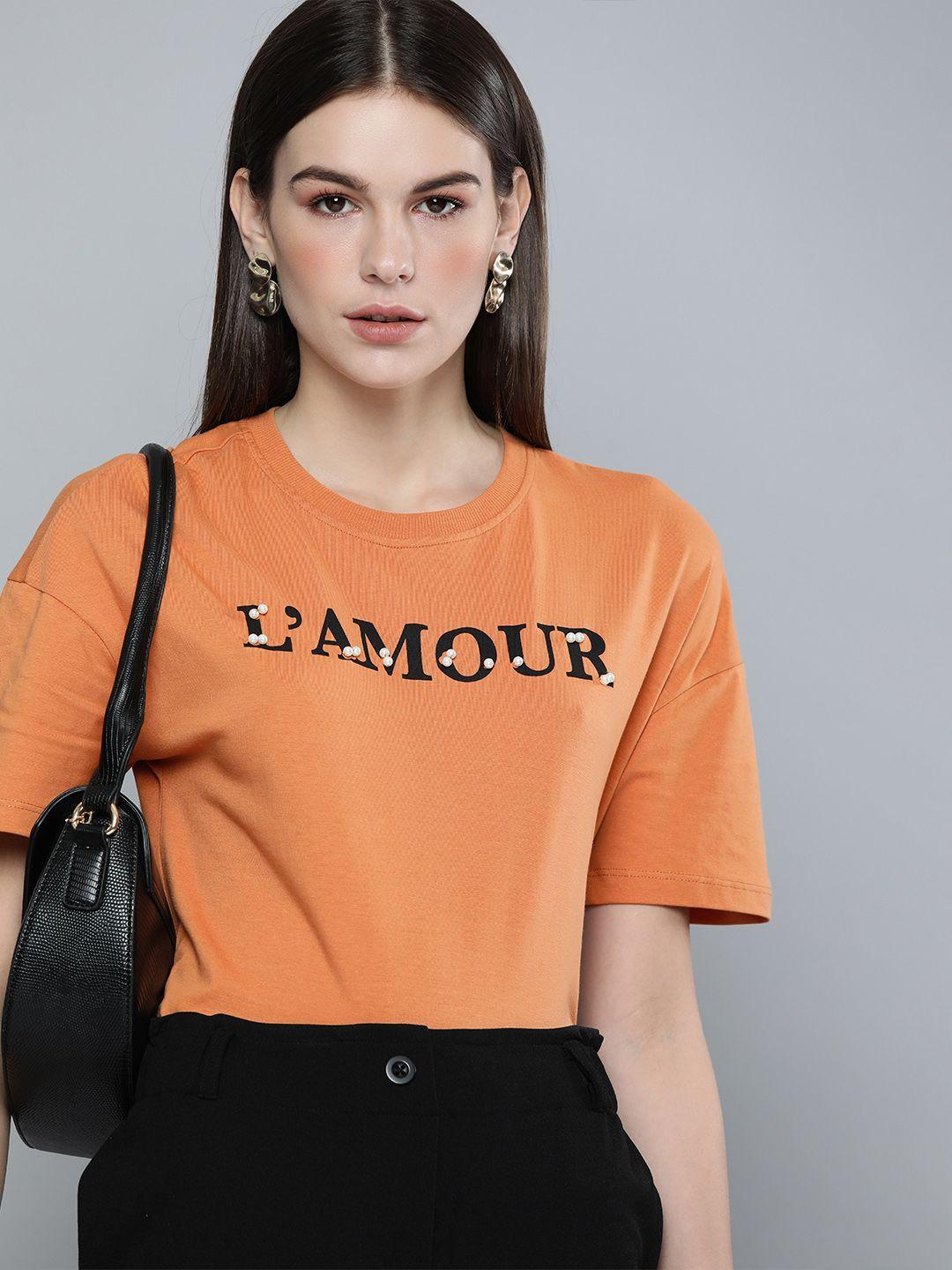 chemistry women orange printed round neck t-shirt