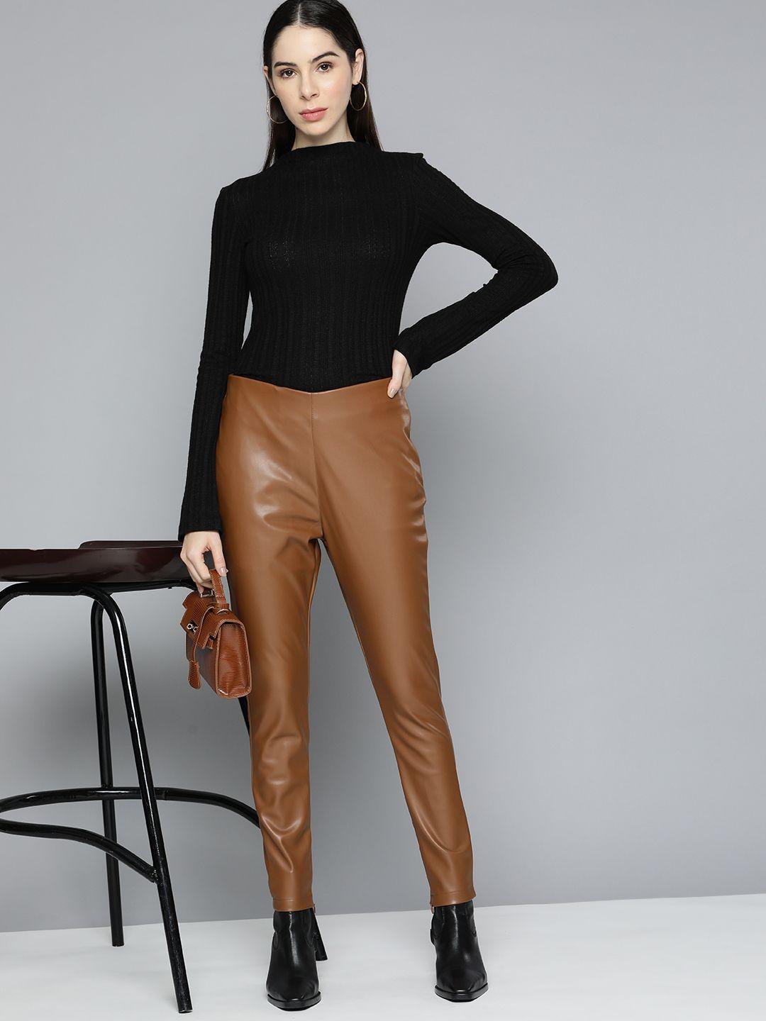 chemistry women tan brown faux leather trousers