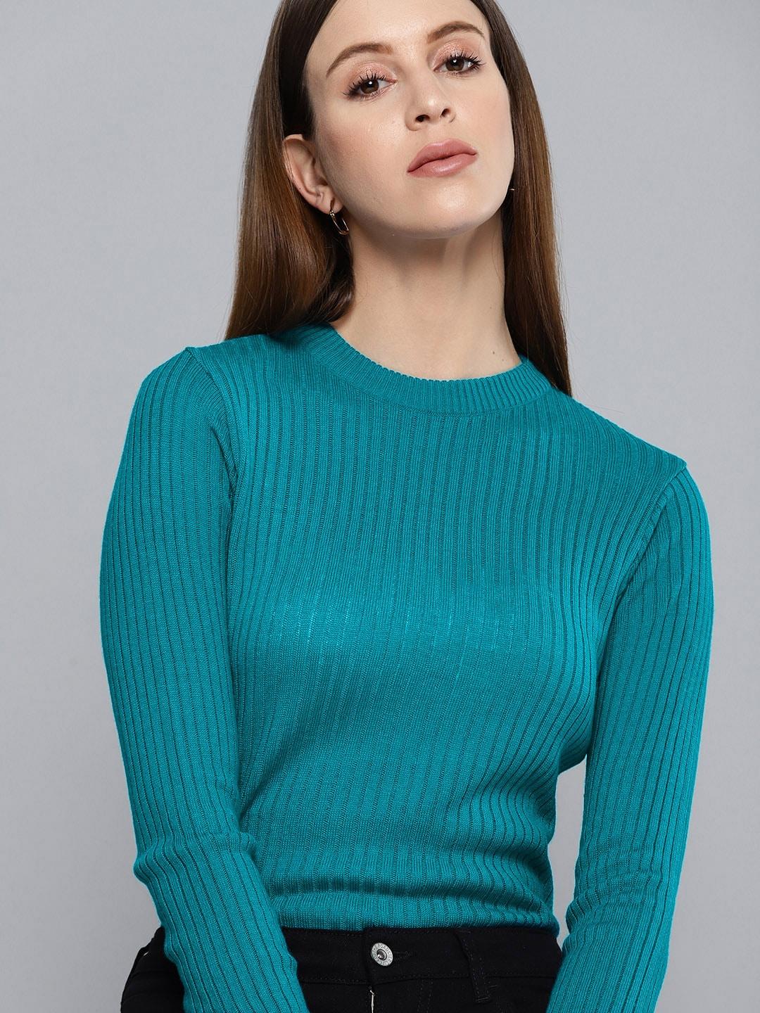 chemistry women teal blue self striped pullover