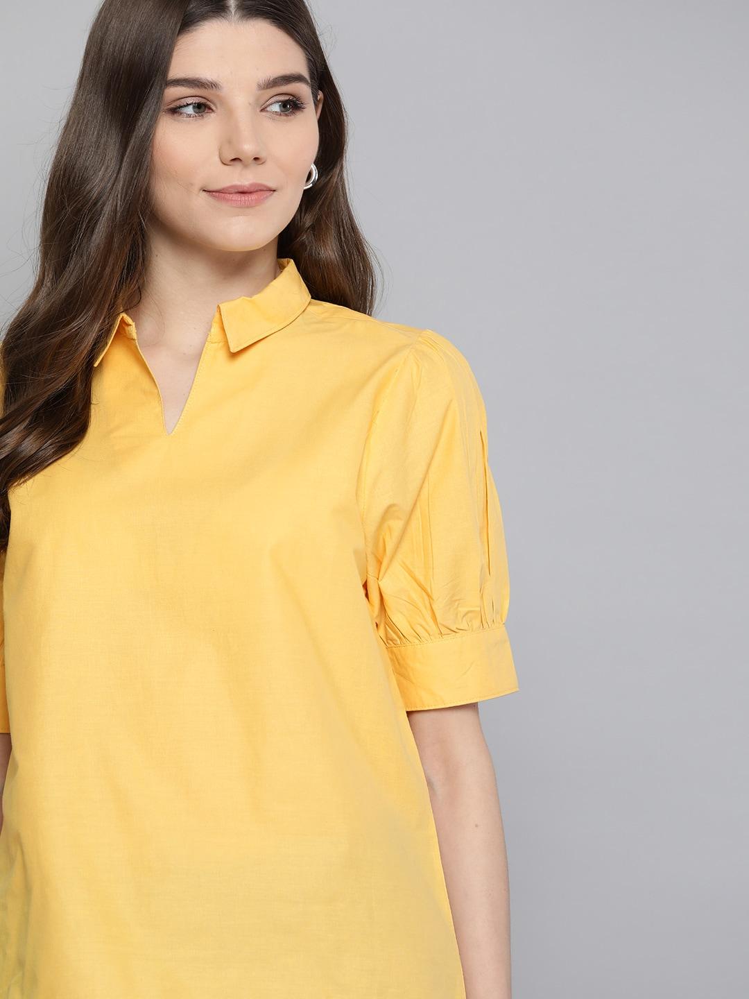 chemistry yellow puff sleeves pure cotton top