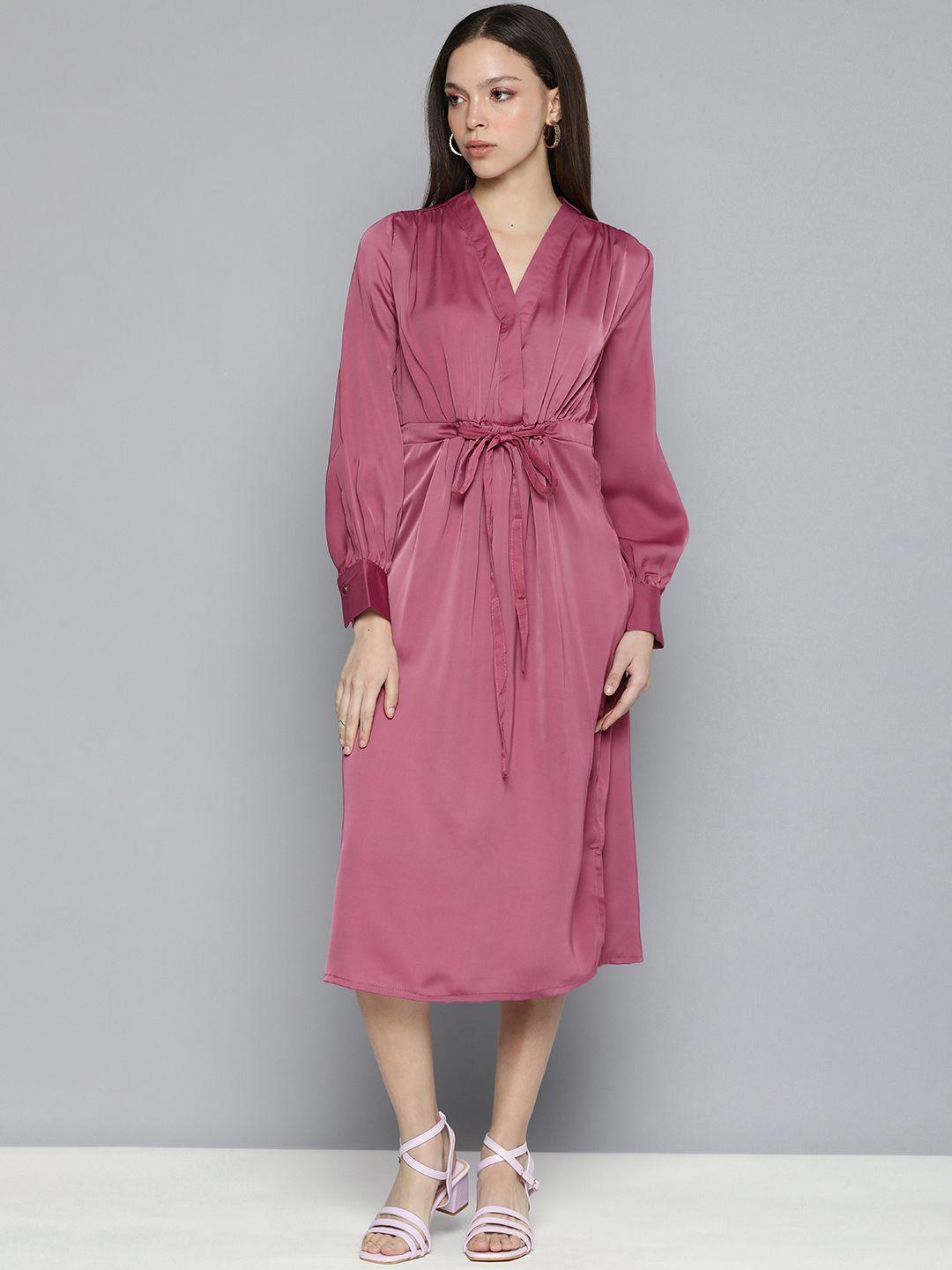 chemistry  mauve pink solid v-neck cuffed sleeves wrap midi dress