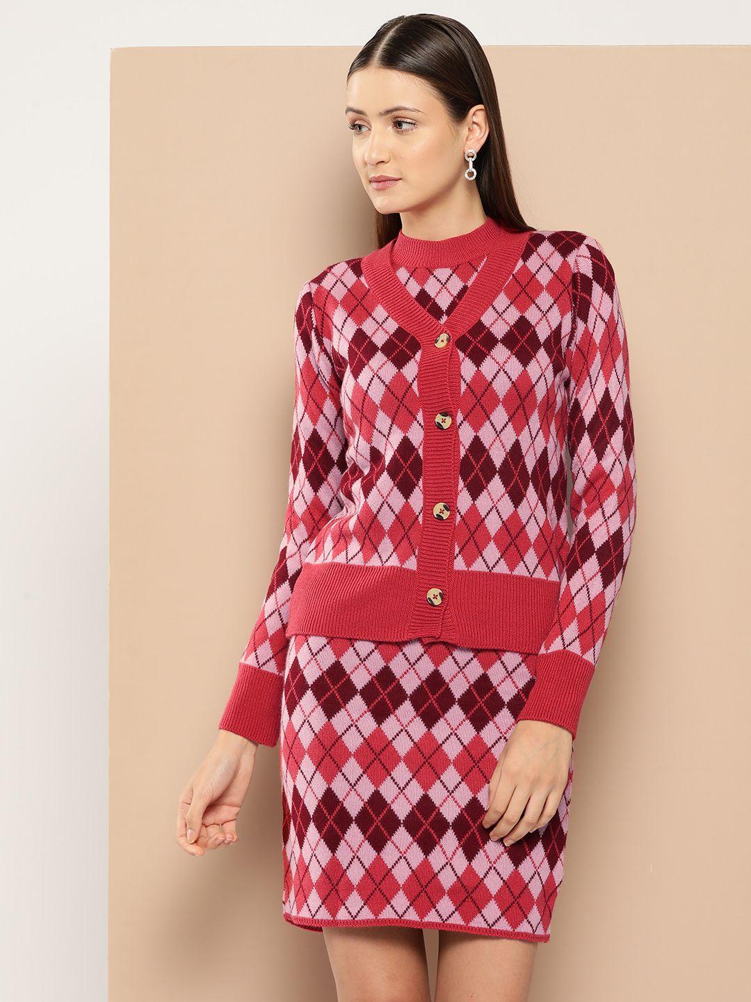 chemistry argyle pattern acrylic dress with cardigan