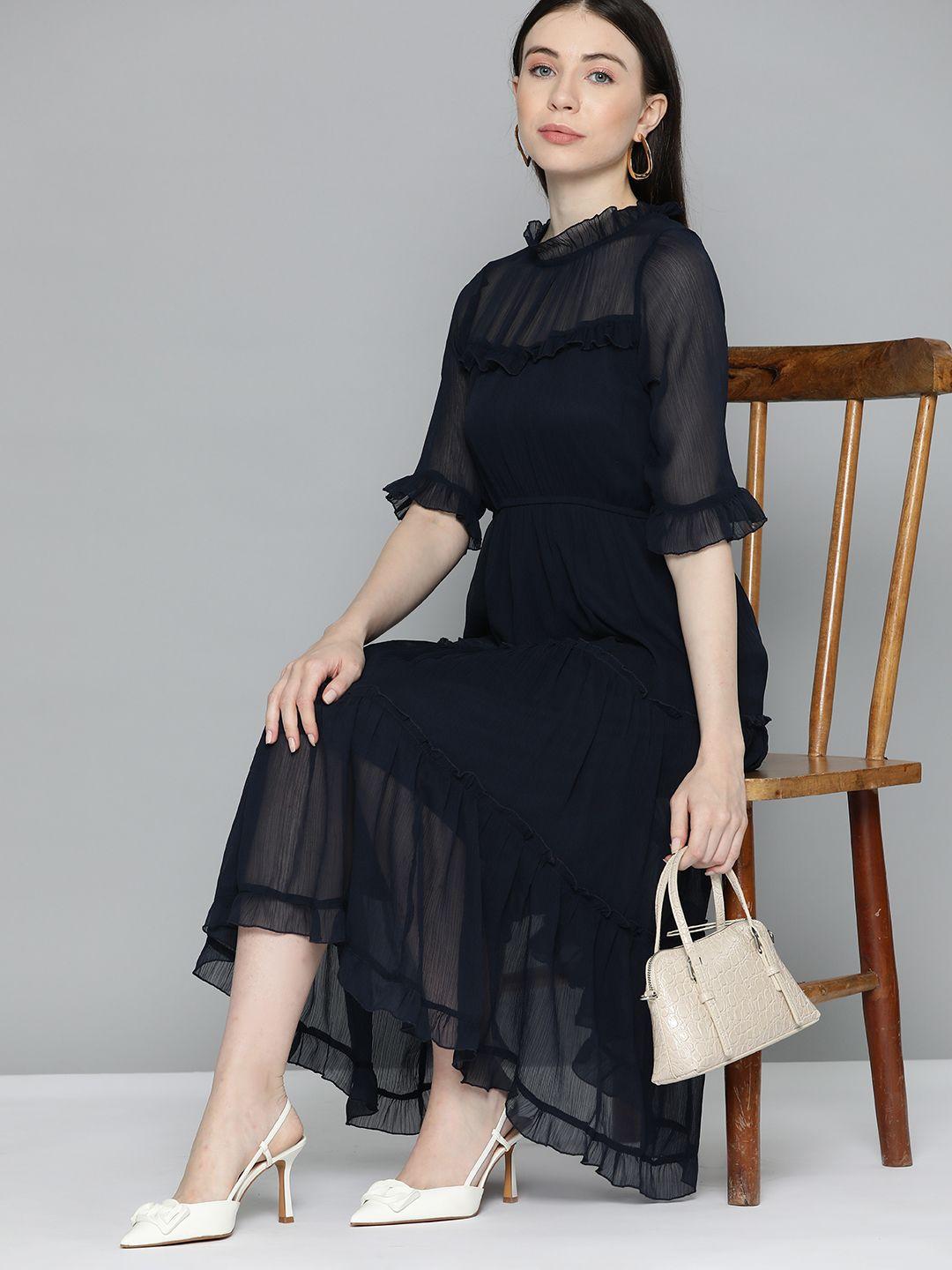 chemistry bell sleeves high neck chiffon fit & flare midi dress