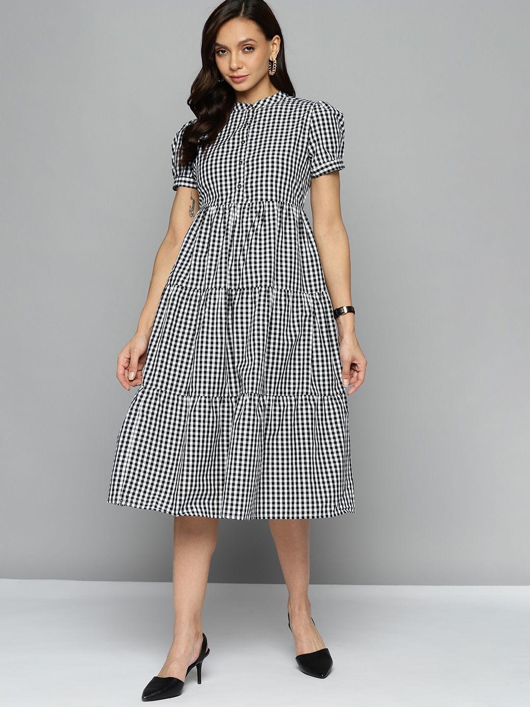 chemistry black & white checked tiered a-line midi dress