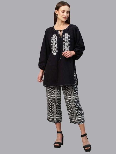 chemistry black cotton printed kurta palazzo set