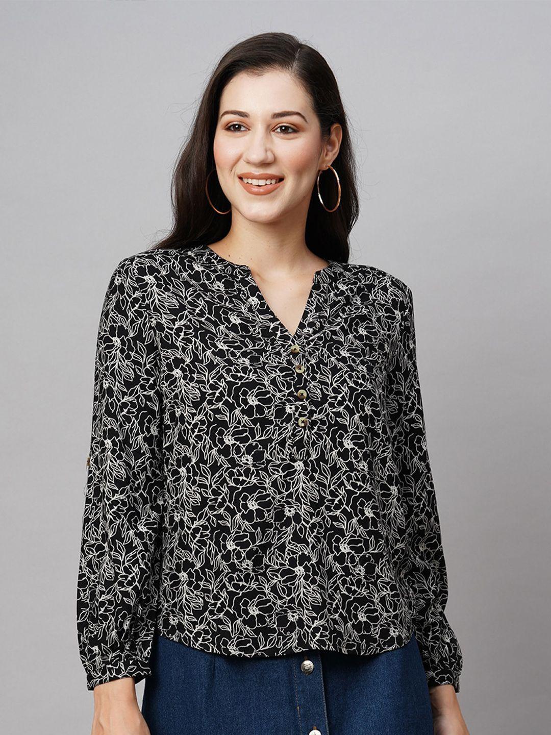 chemistry black floral print mandarin collar shirt style top