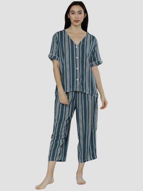 chemistry blue cotton striped shirt pyjama set