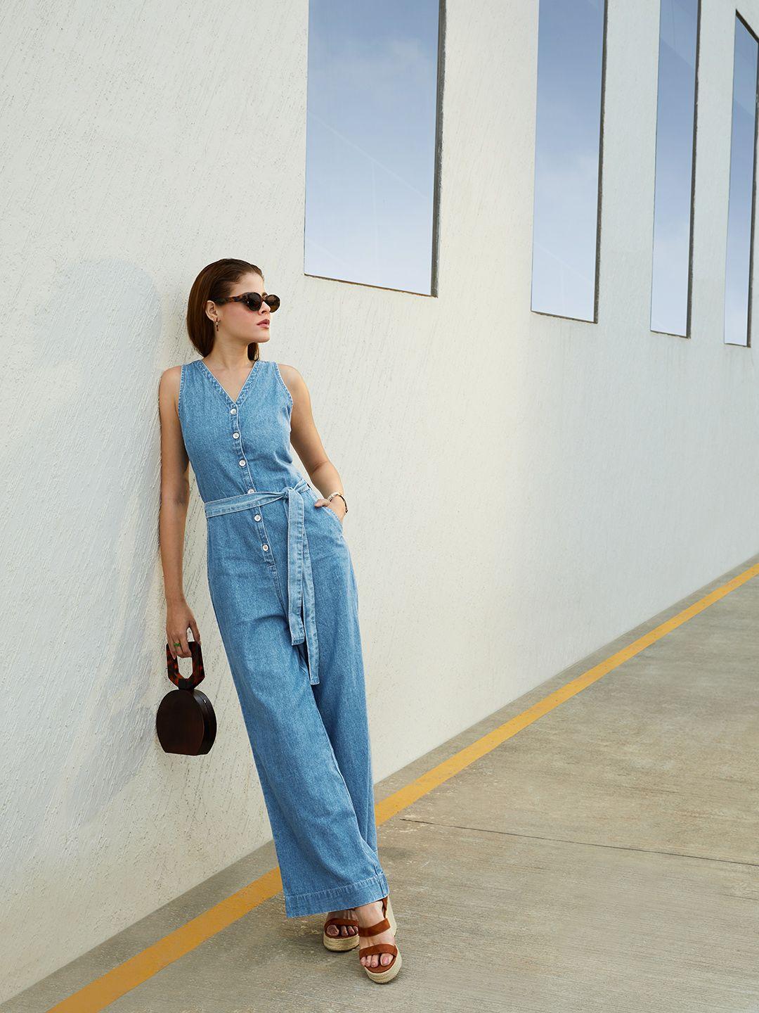 chemistry blue denim pure cotton basic jumpsuit