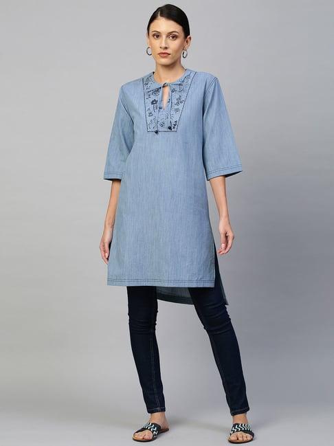 chemistry blue embroidered high low kurta