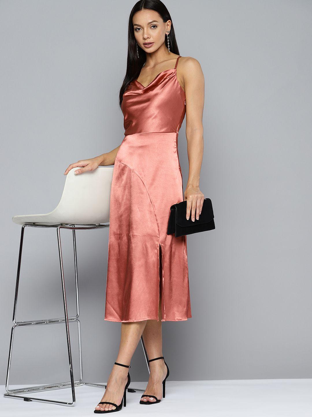 chemistry cowl neck satin slit a-line midi dress