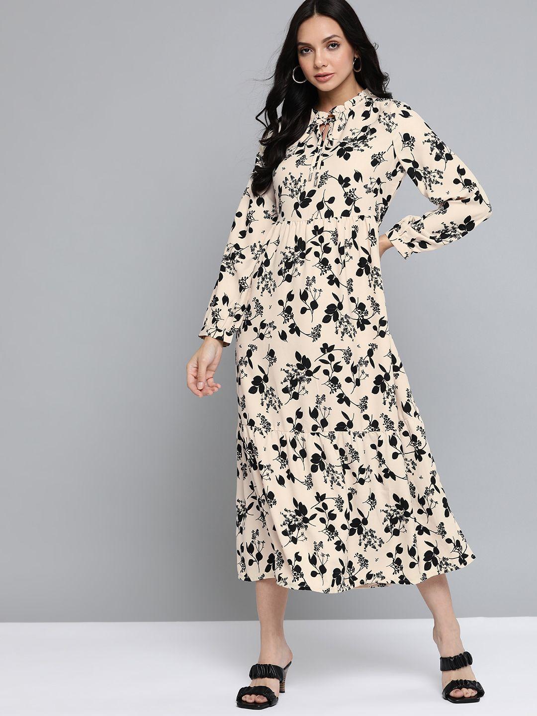 chemistry cream-coloured & black floral printed tie-up neck a-line midi dress