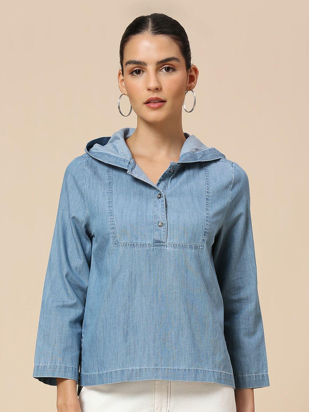 chemistry denim hooded pure cotton shirt style top
