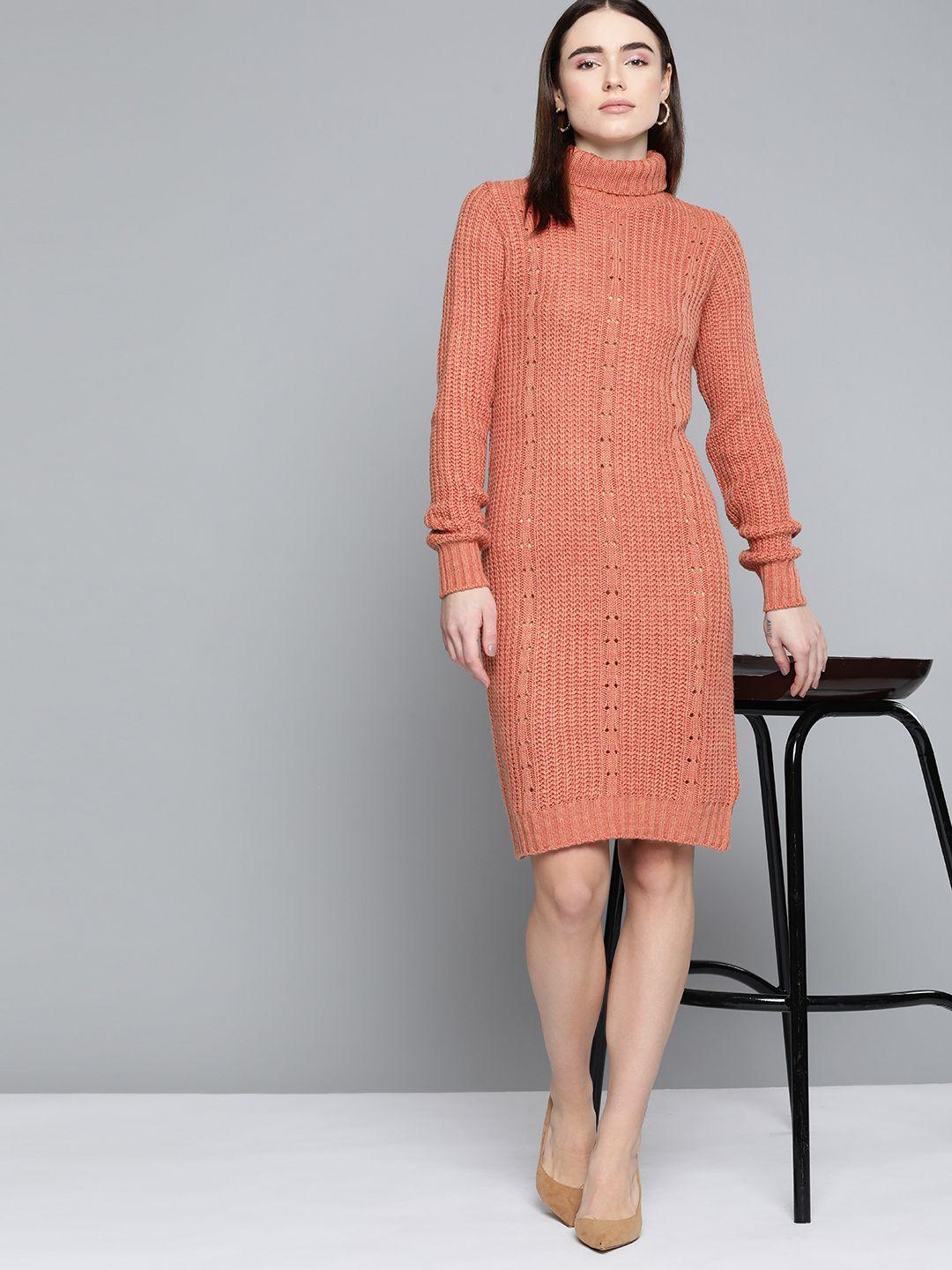 chemistry dusty coral self-design turtle neck sweater dress