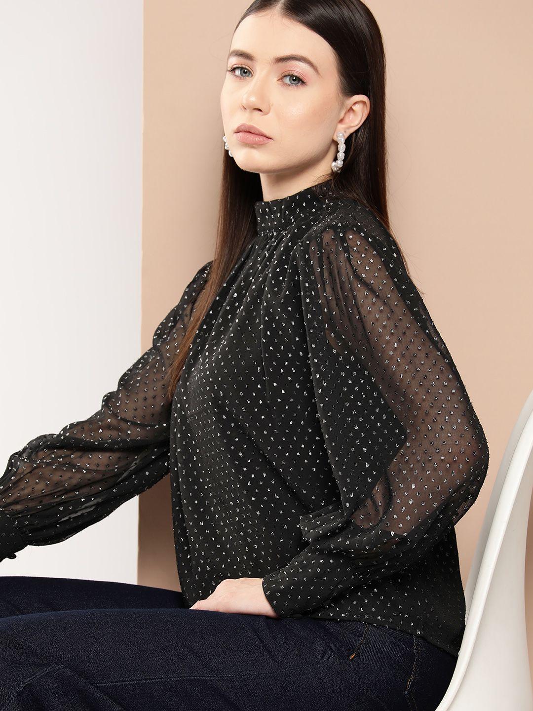 chemistry embellished detailed high neck puff sleeves top