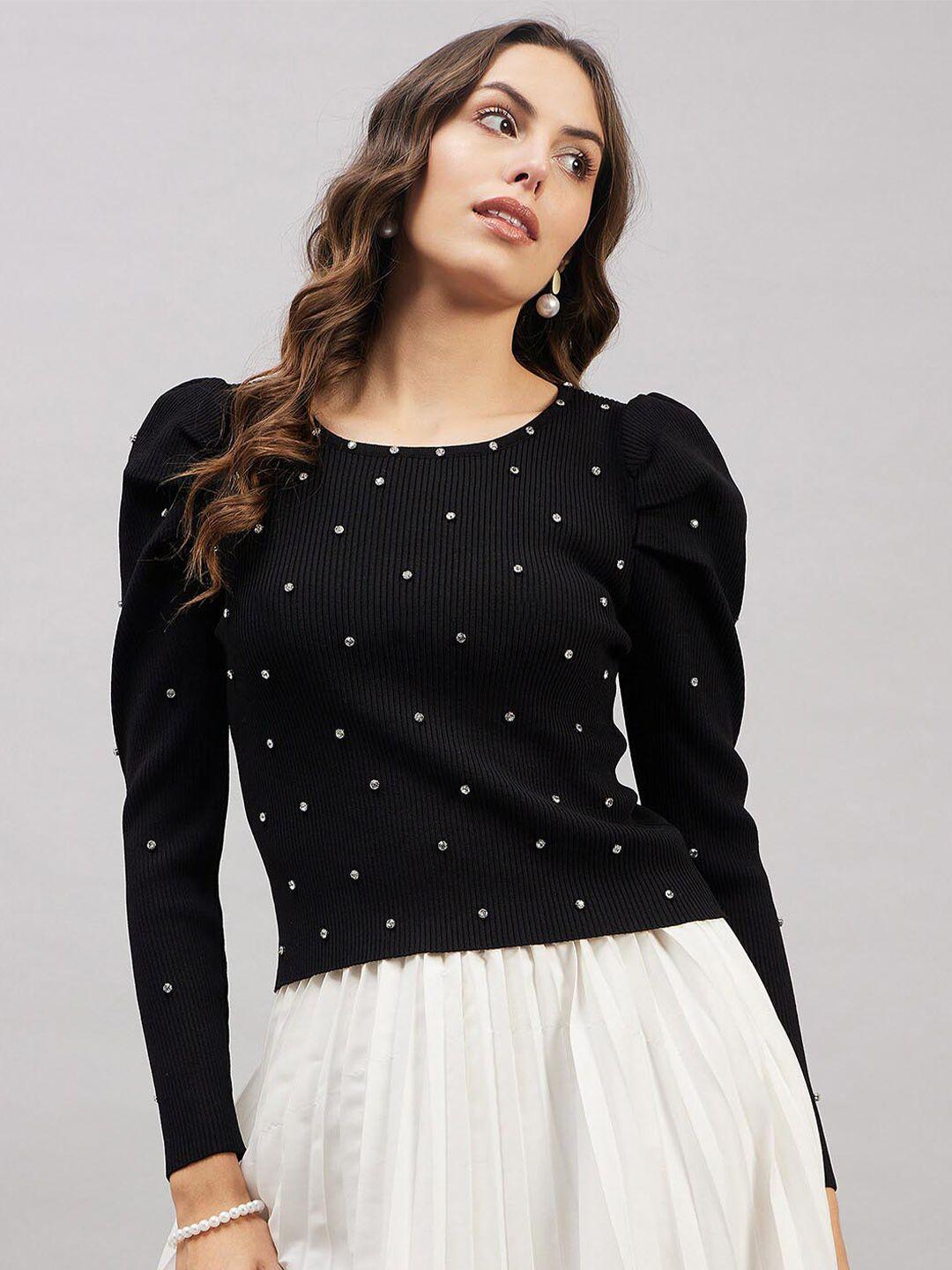 chemistry embellished puff sleeves woollen top