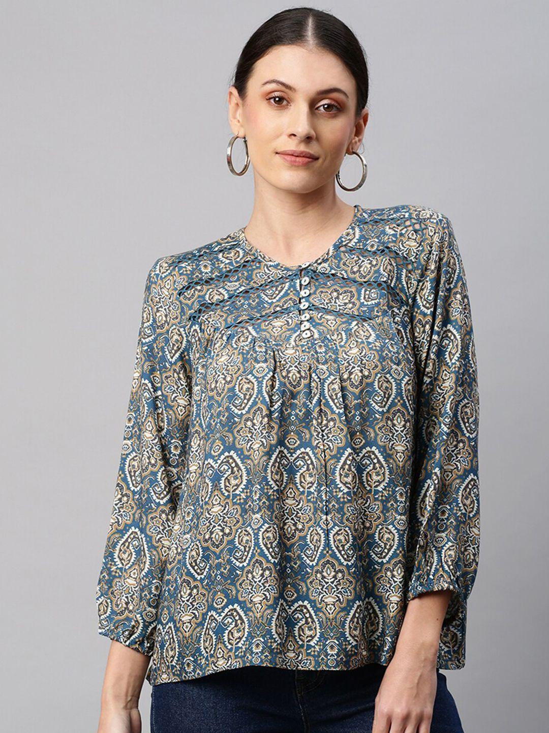 chemistry ethnic motifs printed round neck lace inserted regular top