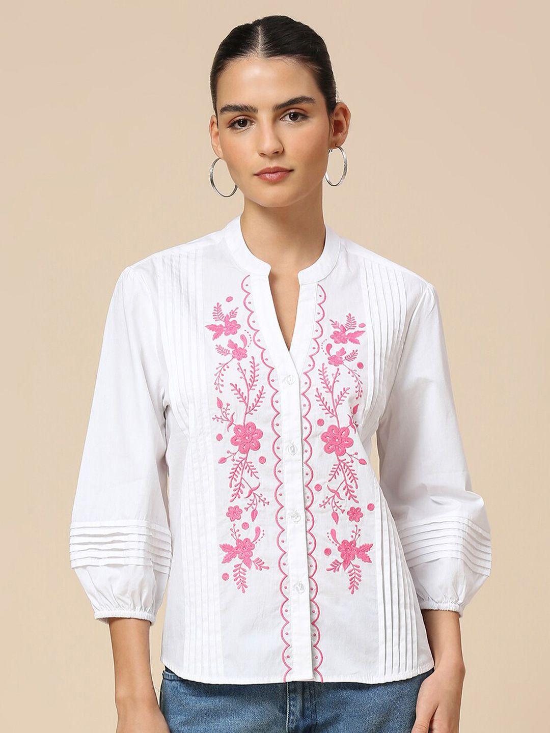 chemistry floral embroidered mandarin collar cotton shirt style top