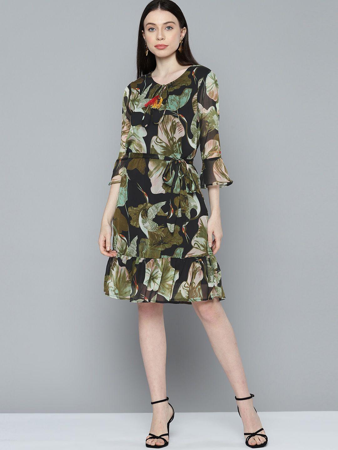 chemistry floral print tie-up neck bell sleeve chiffon fit & flare dress