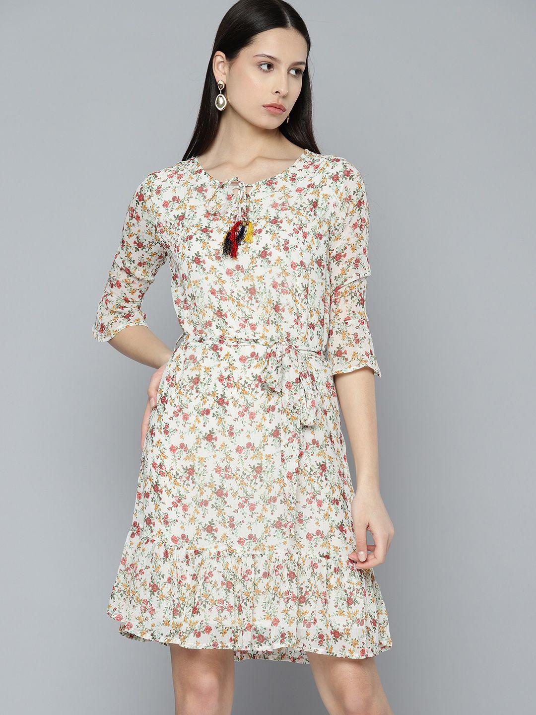 chemistry floral print tie-up neck chiffon fit & flare dress