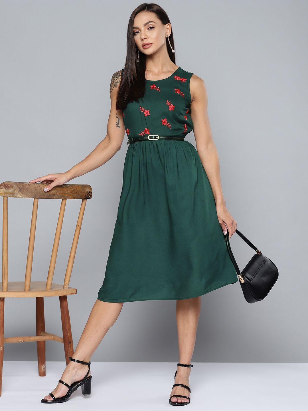 chemistry green floral  embroidered fit and flare midi dress