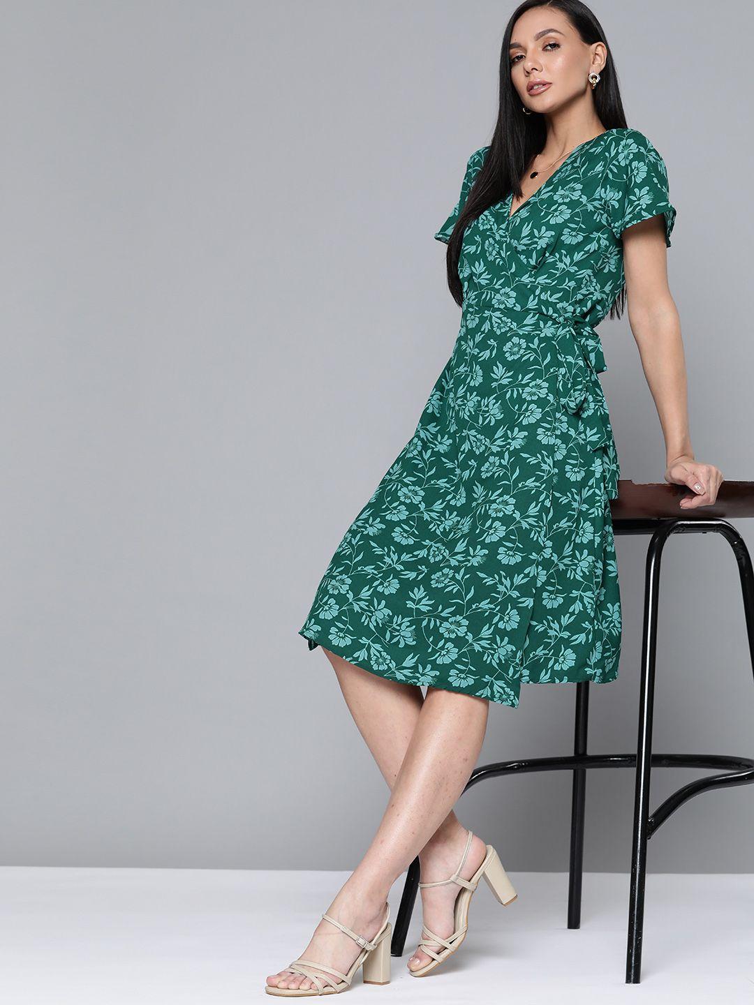 chemistry green floral print wrap dress