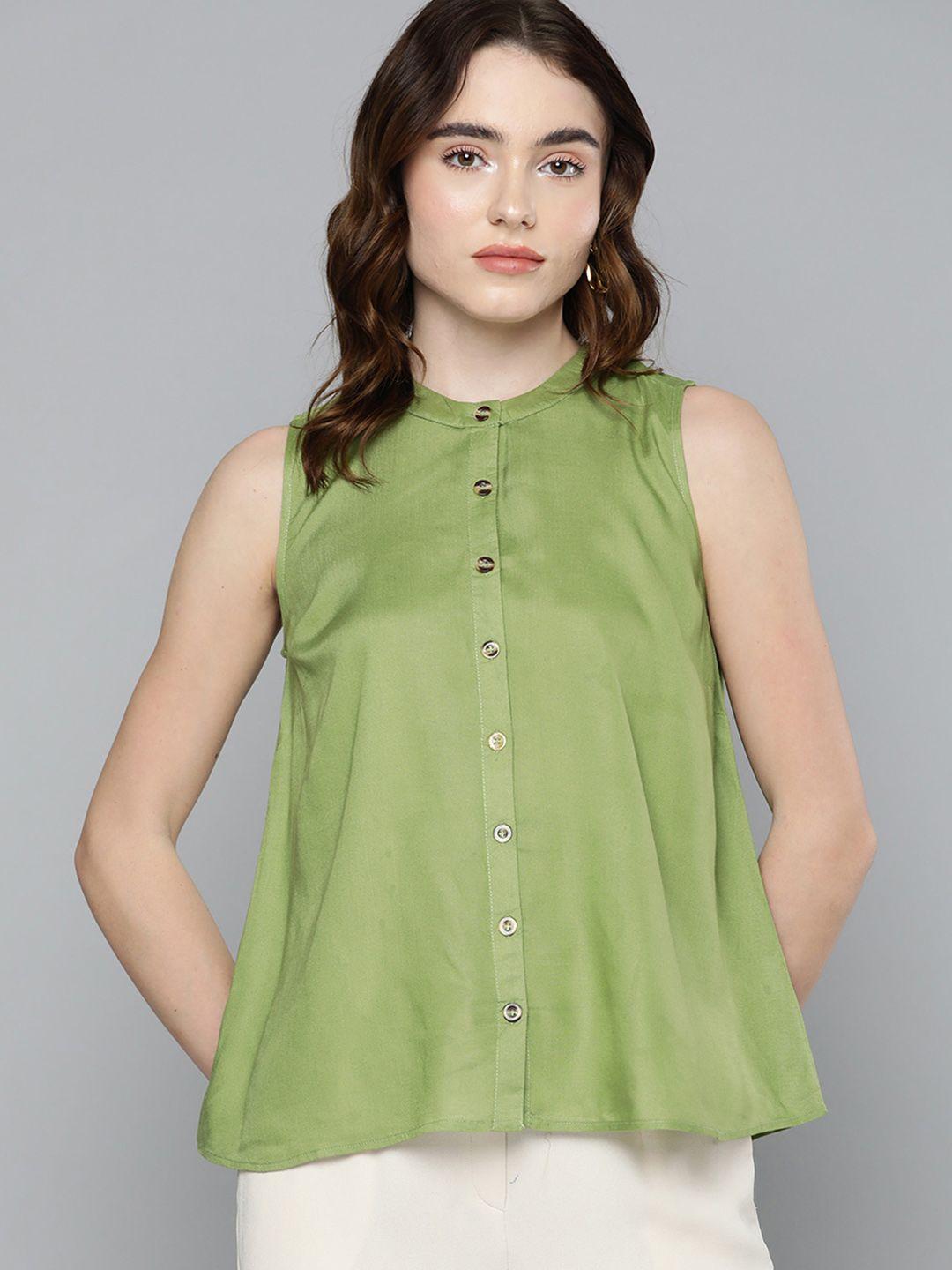 chemistry green solid band collar a-line top