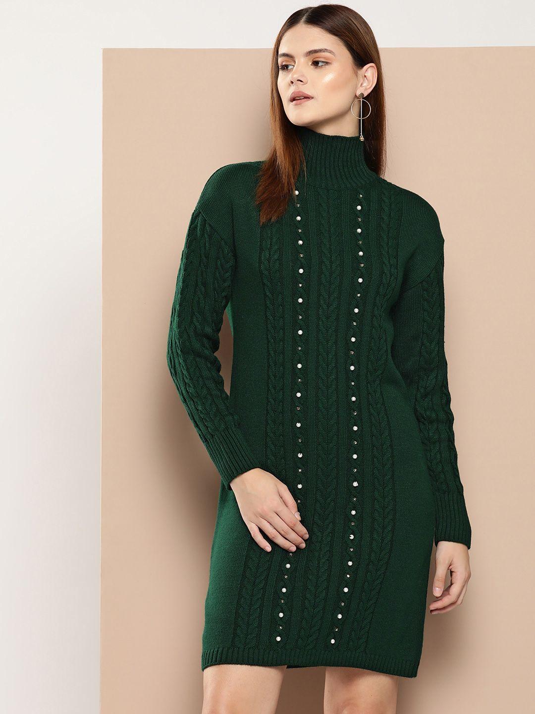 chemistry high neck embellished drop-shoulder sleeves cable knit acrylic jumper dress