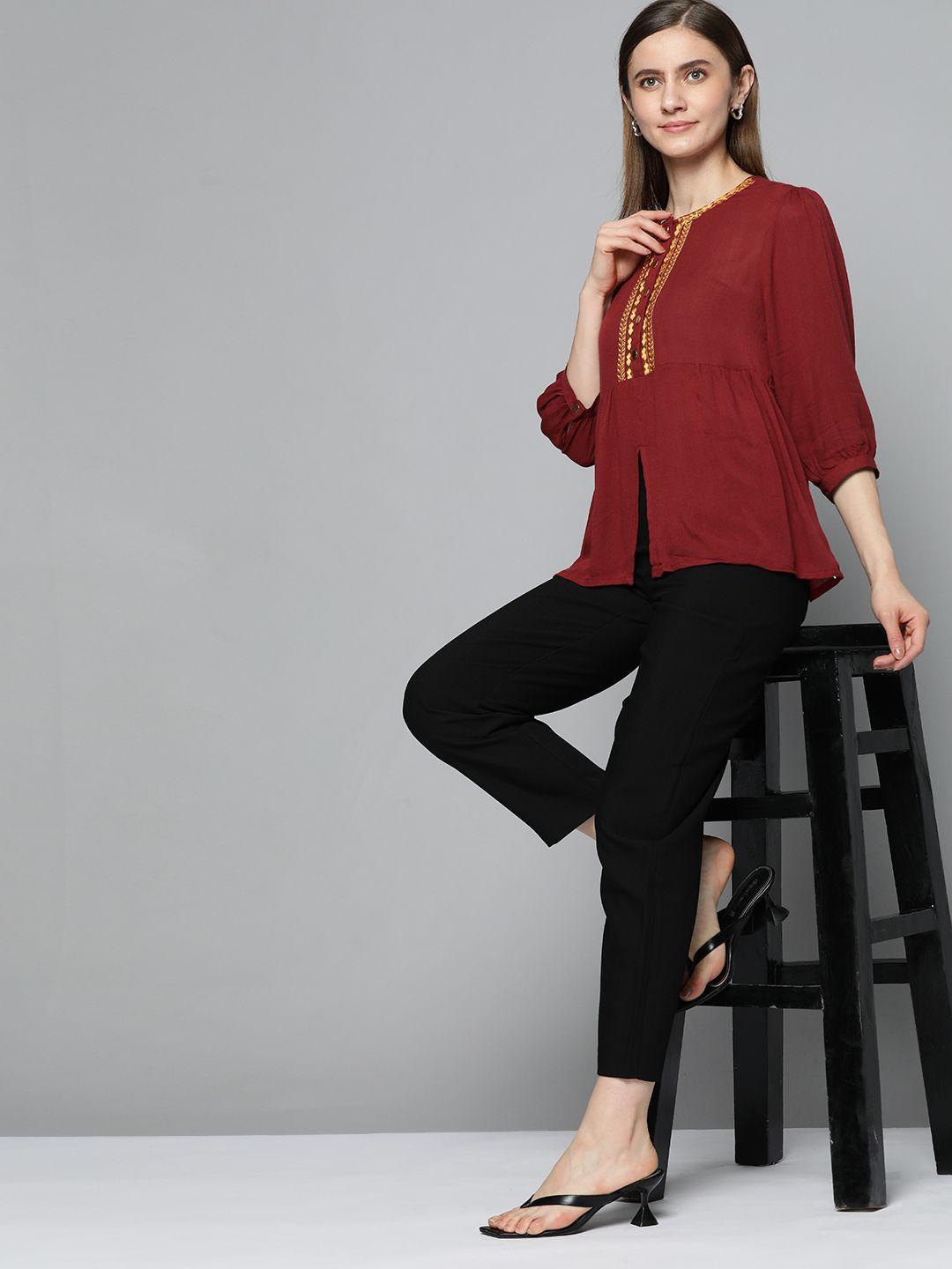 chemistry maroon  embroidered front slit detail a-line top