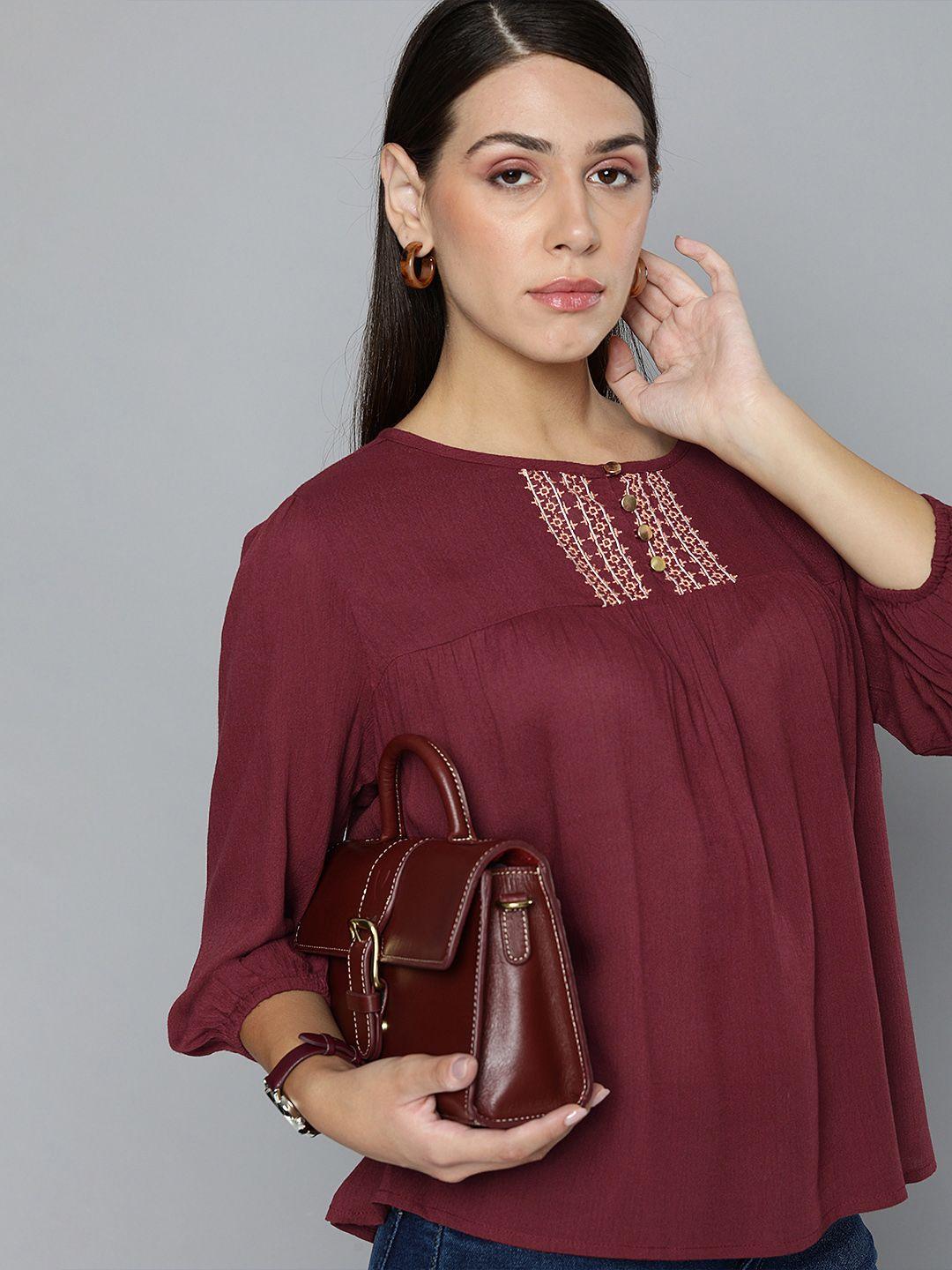 chemistry maroon geometric embroidered top
