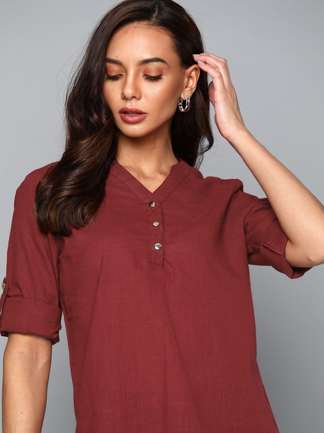 chemistry maroon pure cotton mandarin collar roll-up sleeves top