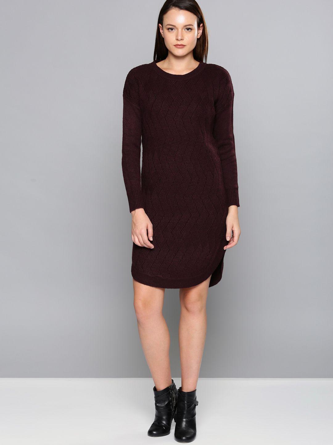 chemistry maroon self-design jumper dress