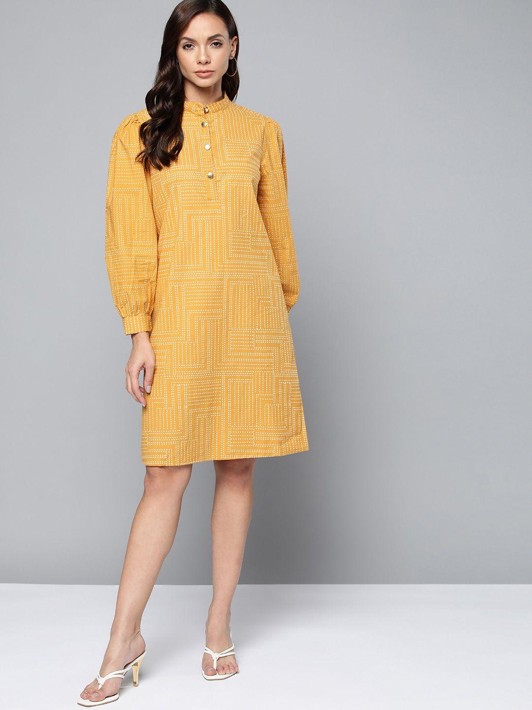 chemistry mustard yellow & white pure cotton geometric printed a-line dress