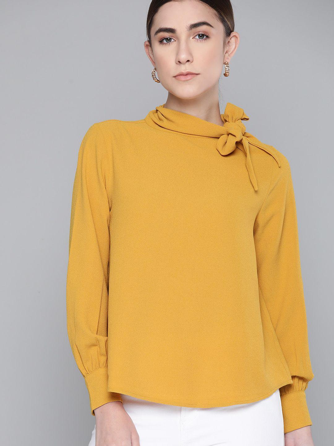 chemistry mustard yellow solid tie-up neck top with puff sleeves