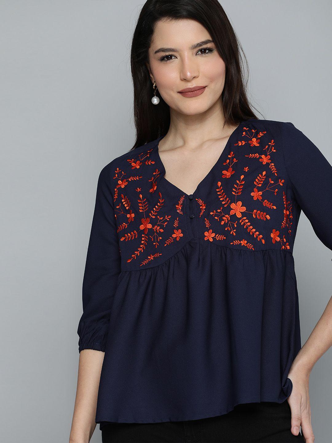 chemistry navy blue & red floral embroidered v - neck empire top