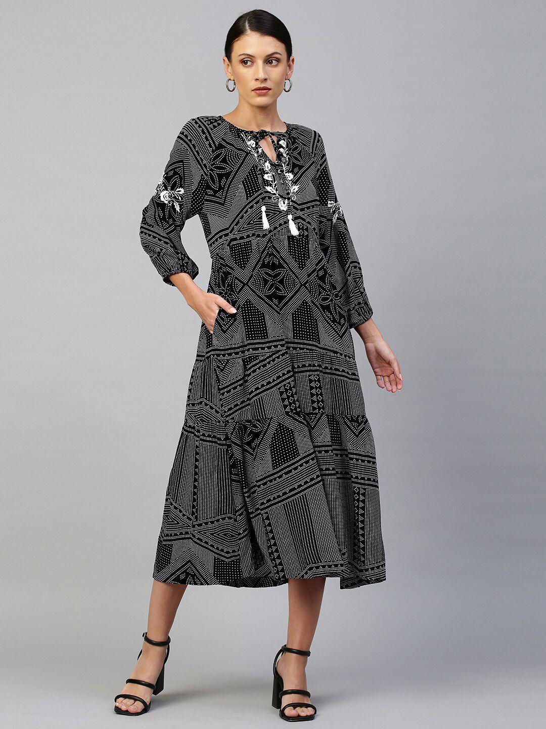 chemistry navy blue graphic printed rayon tiered dress with contrast embroidery