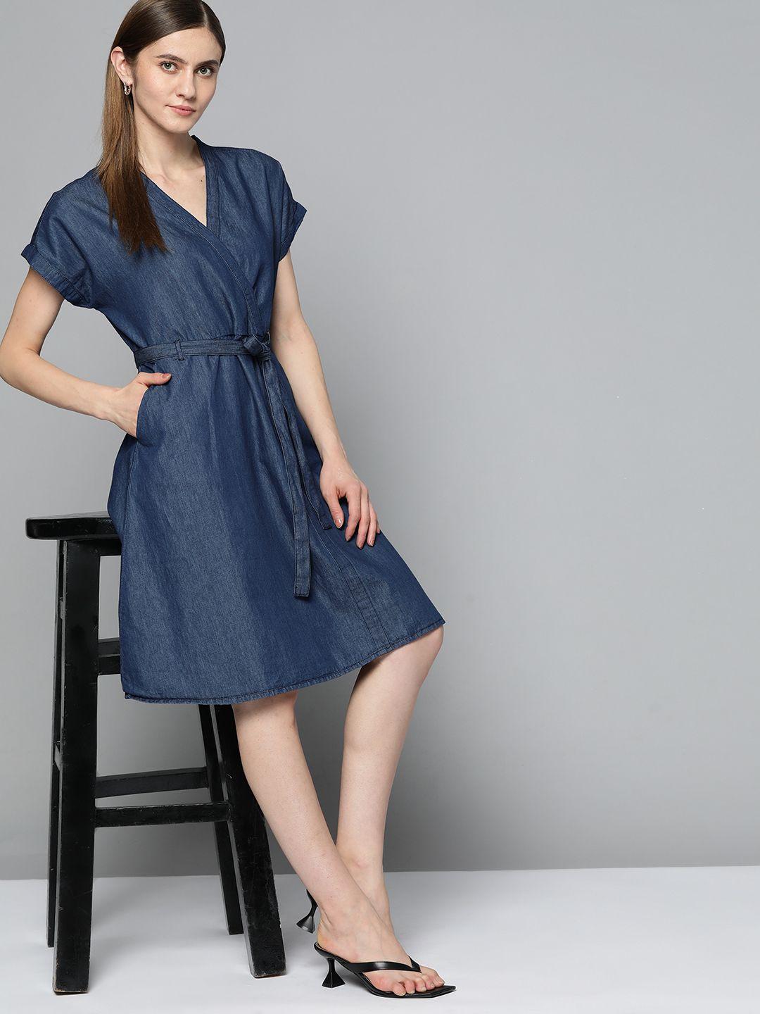 chemistry navy blue pure cotton denim wrap dress