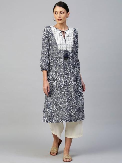 chemistry navy printed kurta with culottes