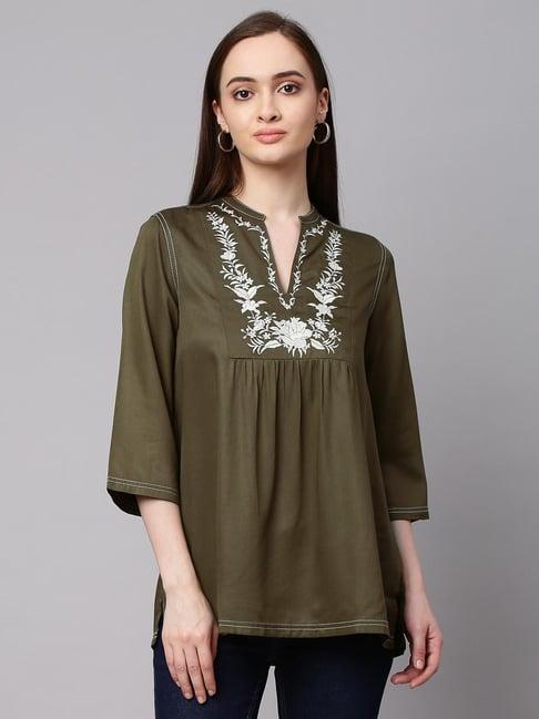 chemistry olive embroidered top