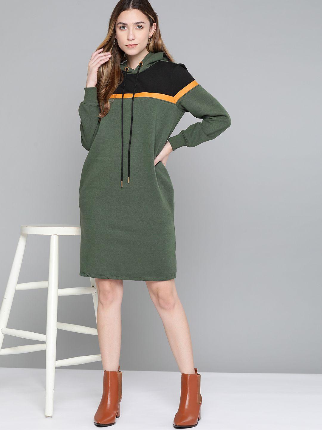 chemistry olive green & black colourblocked sweatshirt dress