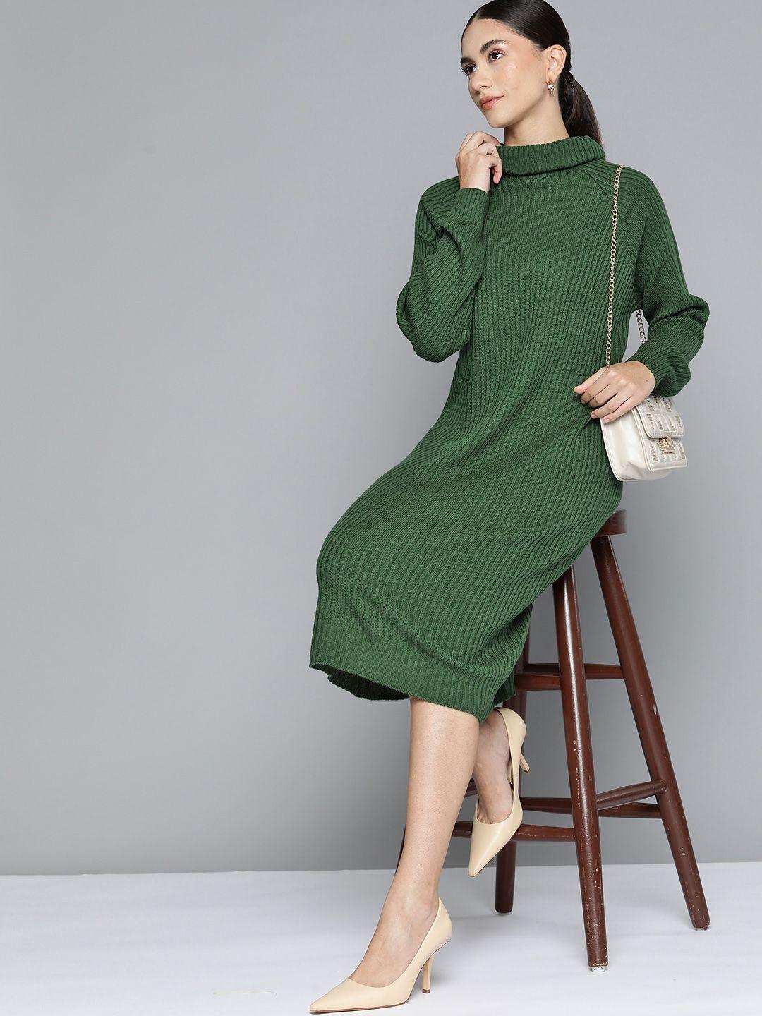 chemistry olive green ribbed turtle neck midi sweater dress